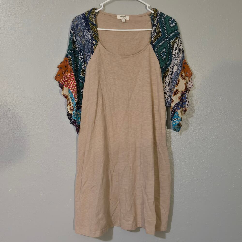 Umgee Patchwork Tunic Shirt Dress Boho Peasant Mixed Media Size Large Flutter